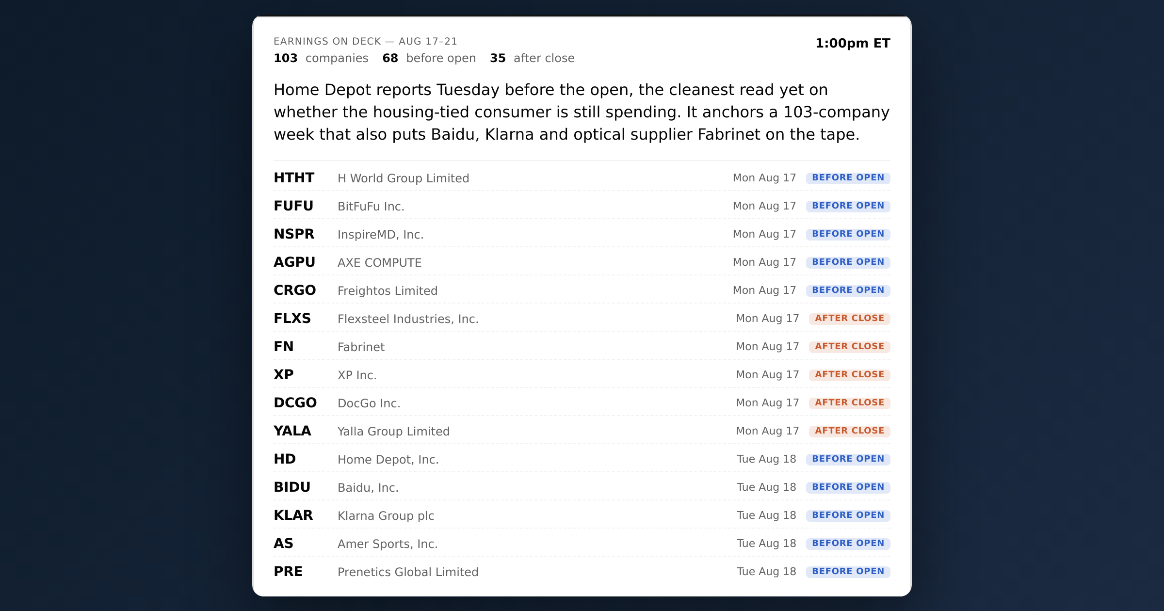Home Depot, Baidu, and Klarna Lead a Busy 103-Company Earnings Week