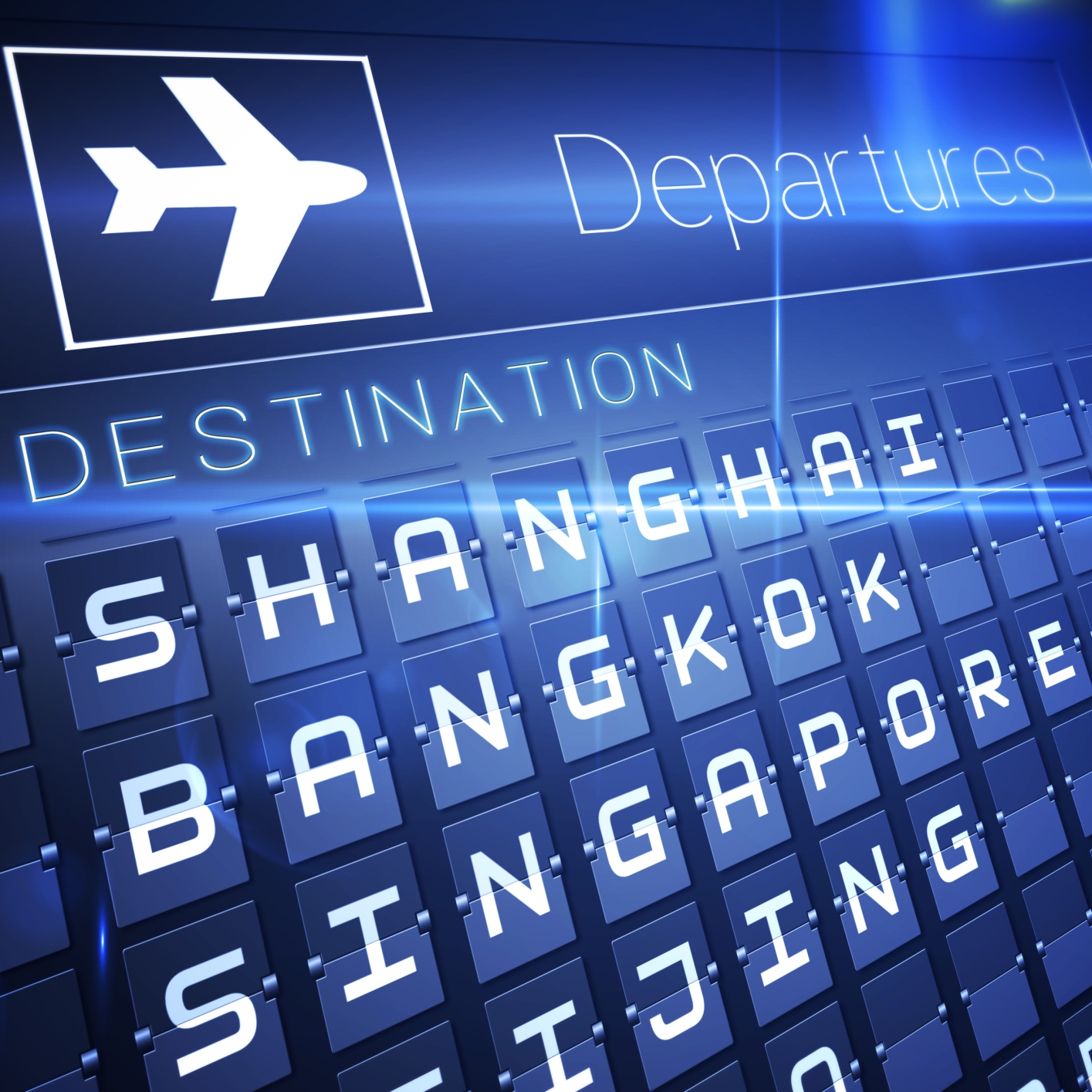 Blue departures board for asian cities