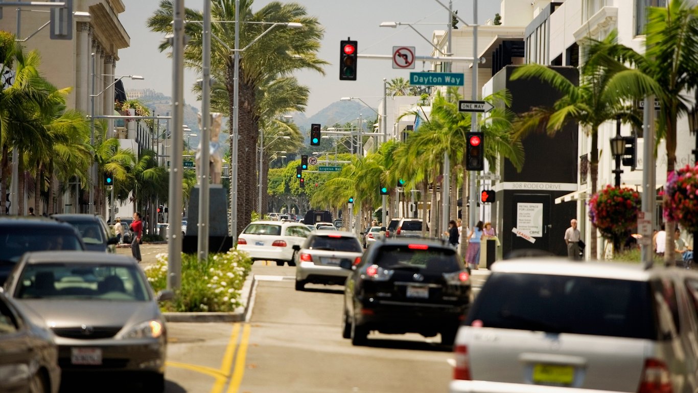 Rear view of traffic on a street, Rodeo Drive, Los Angeles, California, USA