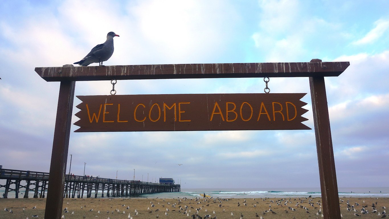 Newport Pier, Welcome Aboard Sign, at Morning Twilight
