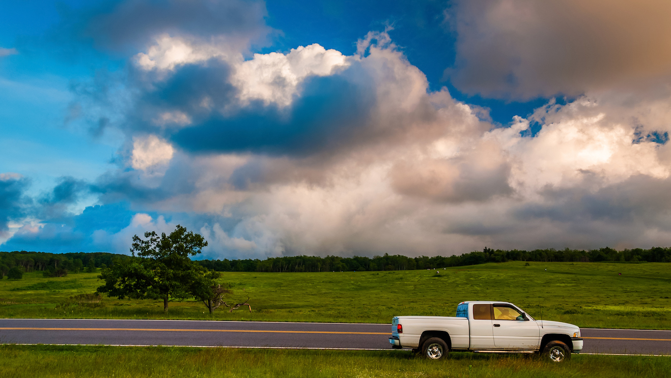 White truck along road in Big Meadows, Shenandoah National Park,