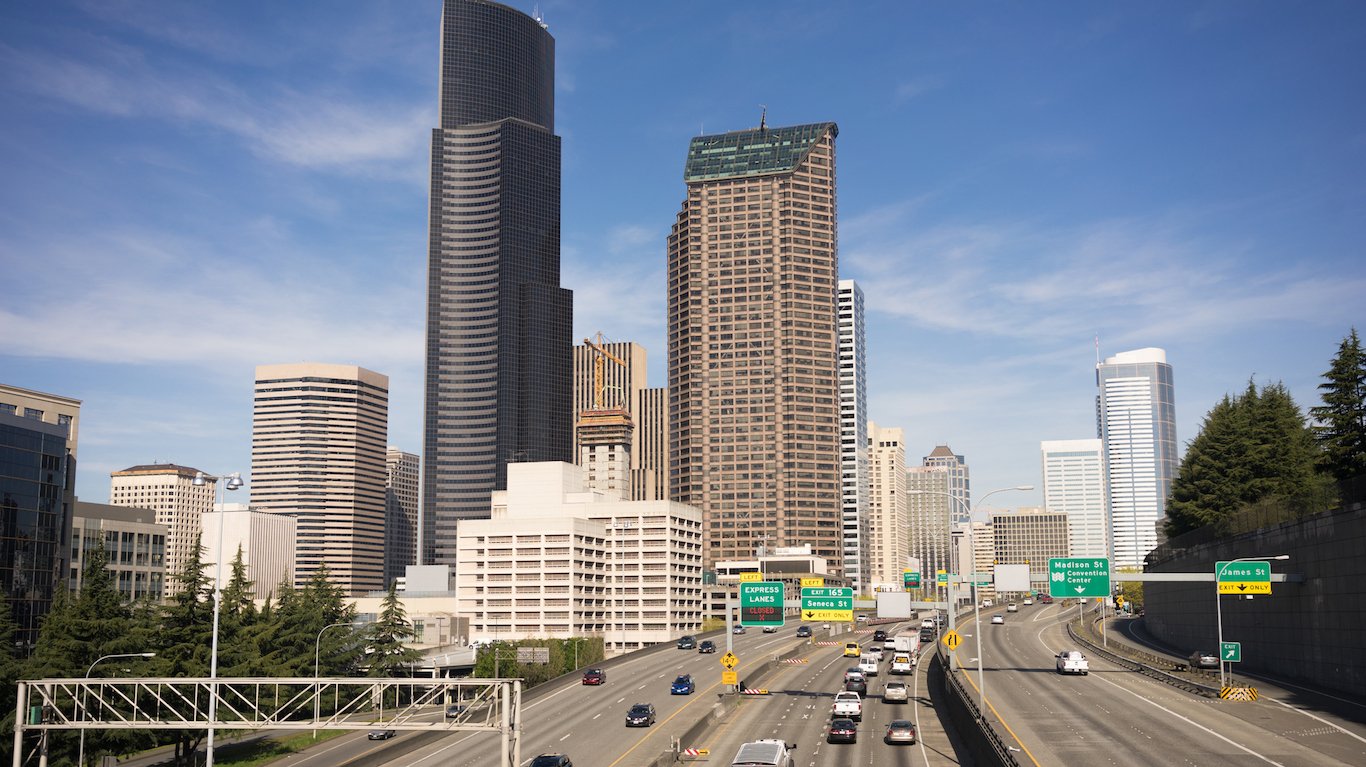 Downtown Seattle City Skyline Interstate 5 Cars Divided Highway