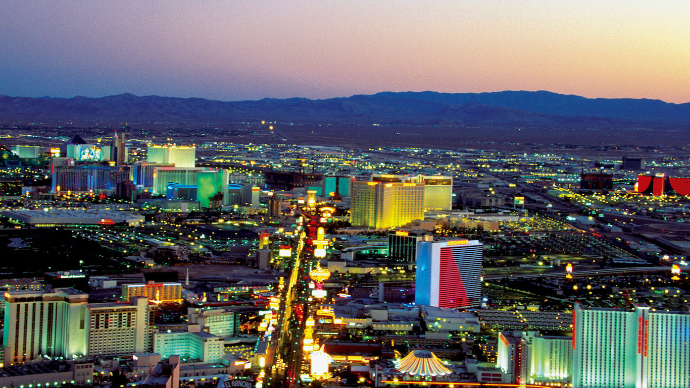 Casinos on the strip at night in Las Vegas, Nevada, USA