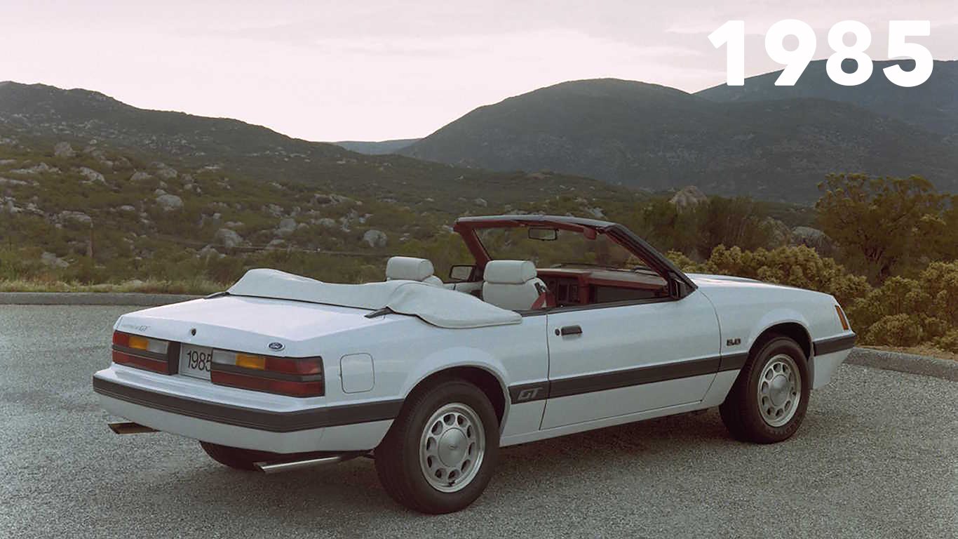 1985: Mustang gets a revised 5.0-liter HO (high output) V-8 that makes 210 horsepower when mated to a manual transmission