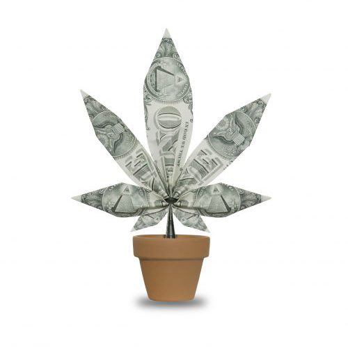Concept photograph of cannabis leaf made of US dollar bills