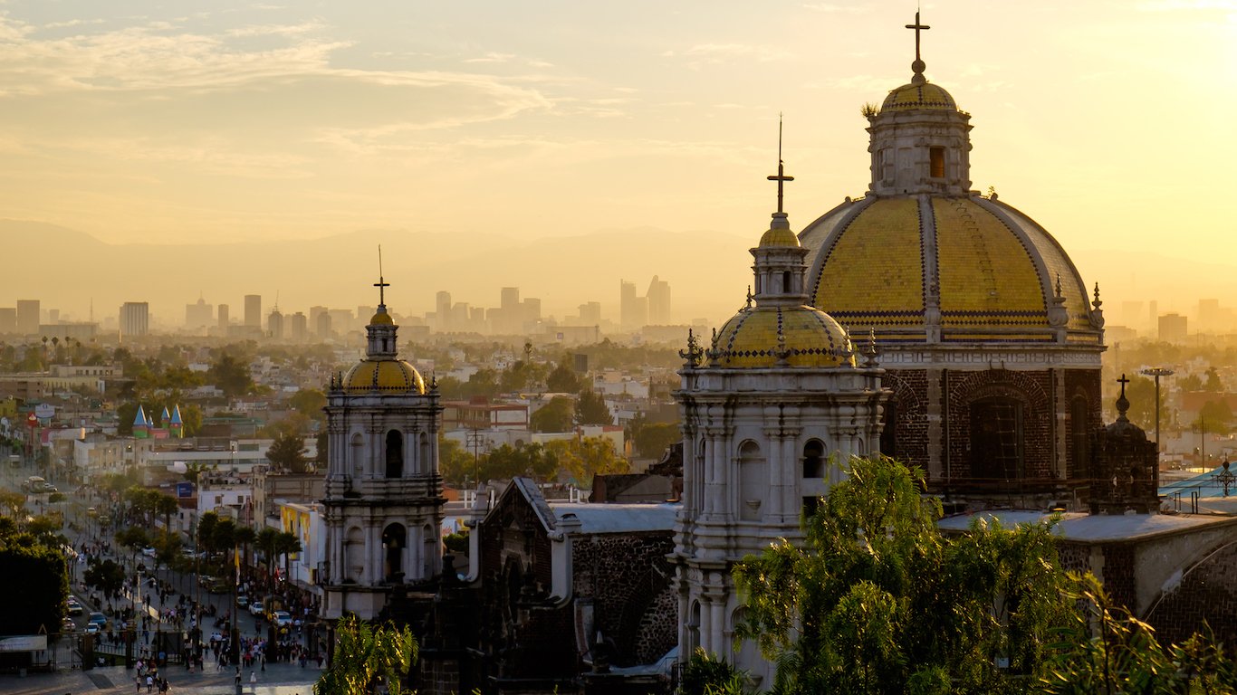 Scenic view at Basilica of Guadalupe with Mexico city skyline