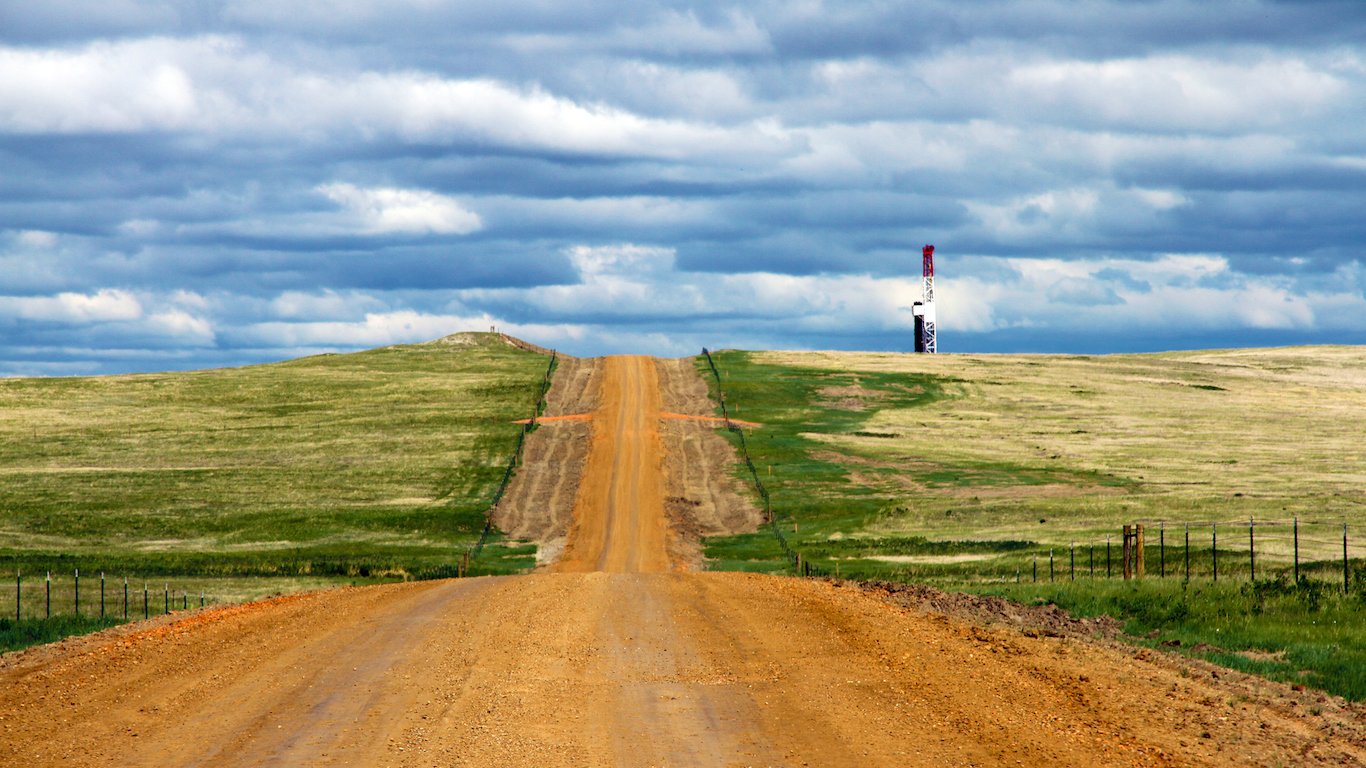 Distant Oil Rig on Bakken Road, Fracking, North Dakota