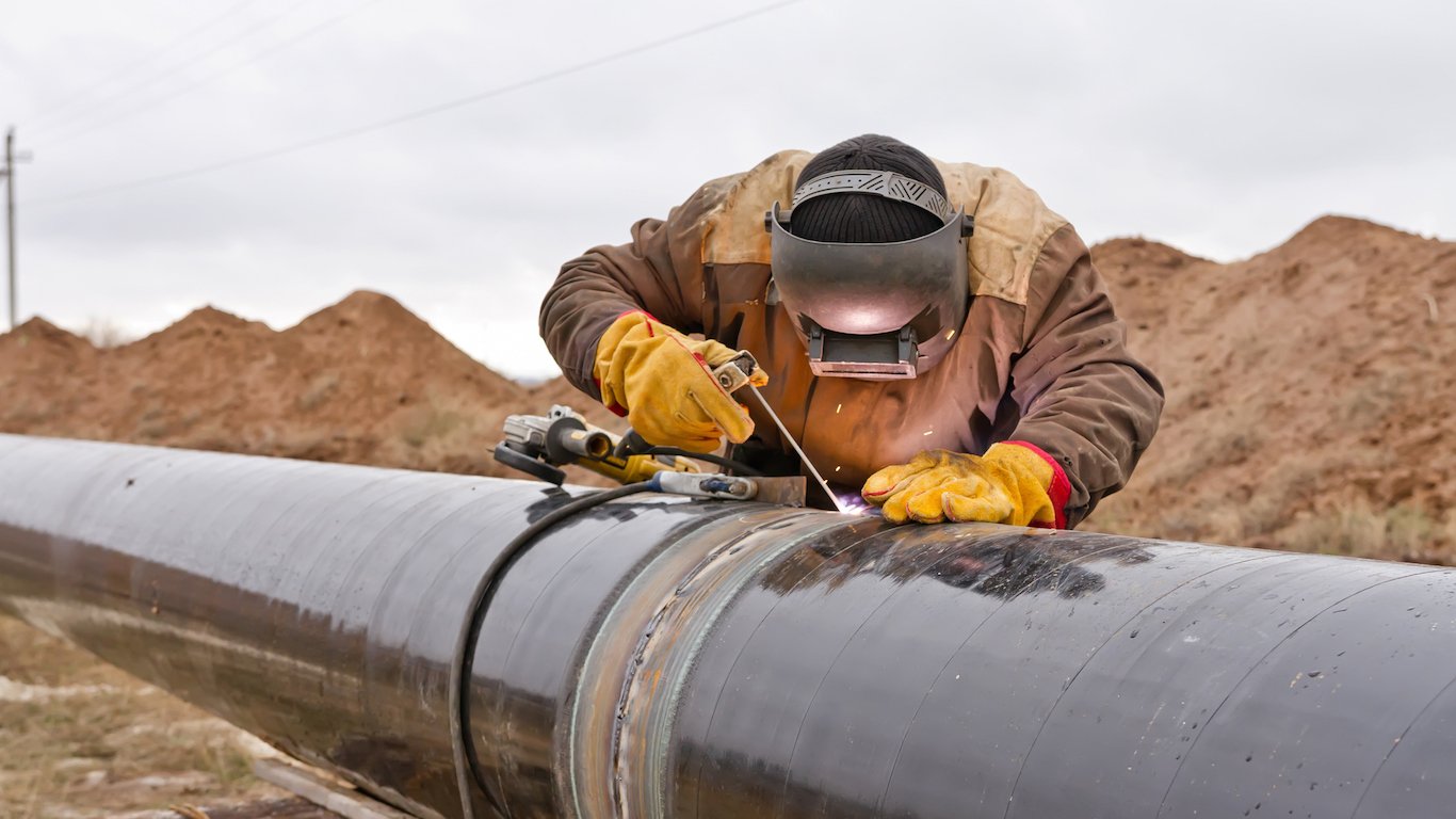 Welding works on gas pipeline, Oil and gas pipeline construction