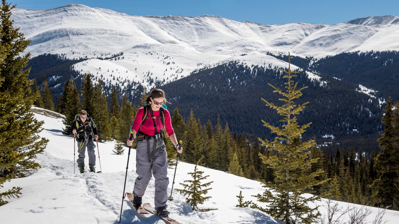 Two people touring on splitboards and alpine touring skis, Colorado backcountry