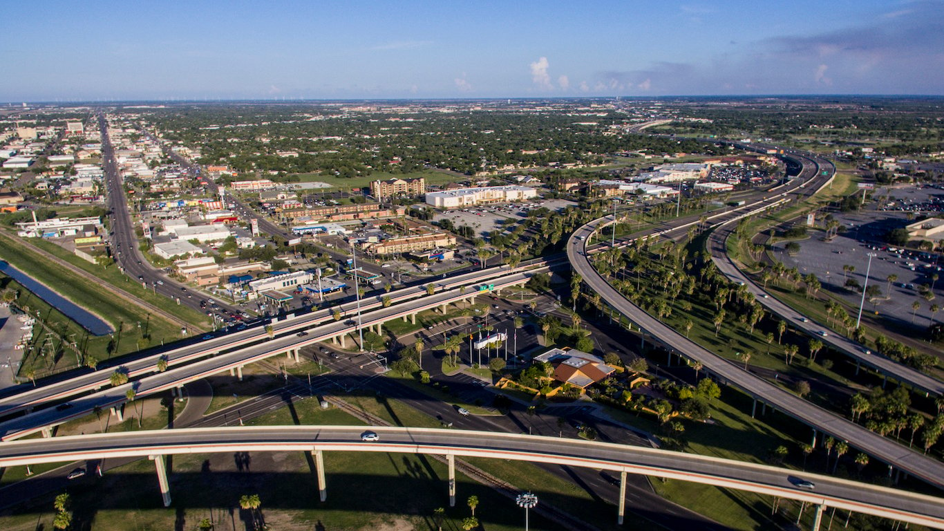 A birds eye view of the expressway in Harlingen, Texas that takes you to Corpus Christi, Texas or Brownsville, Texas