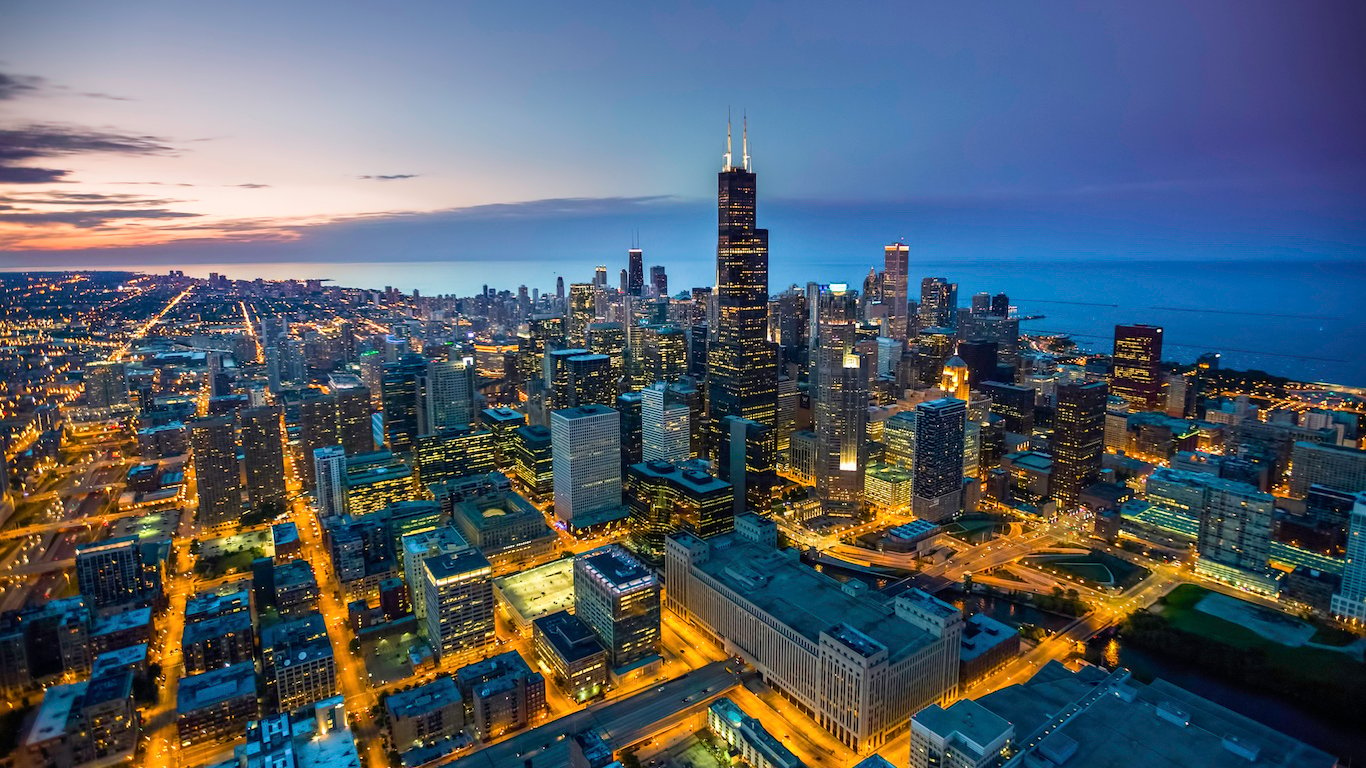 Chicago, Illinois skyline aerial view at dusk