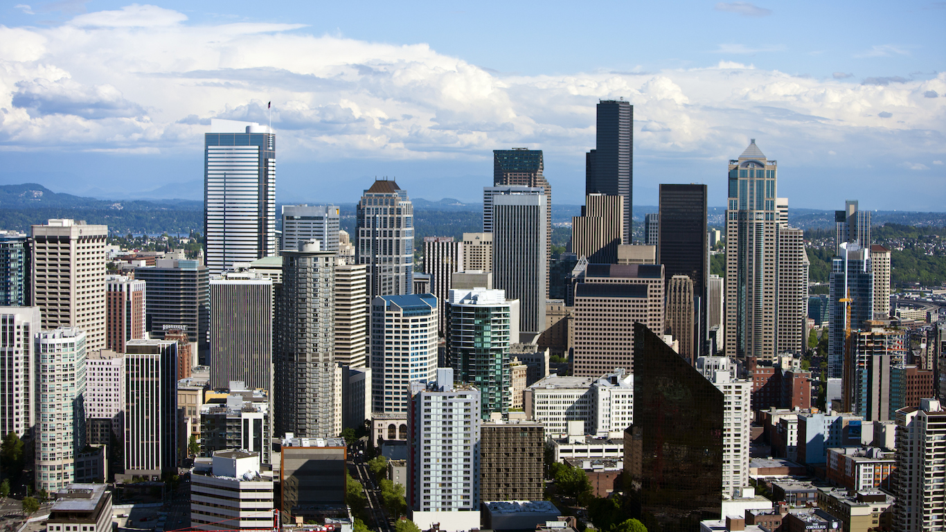 View from Space Needle, Southeast to Financial district of Seattle, Washington