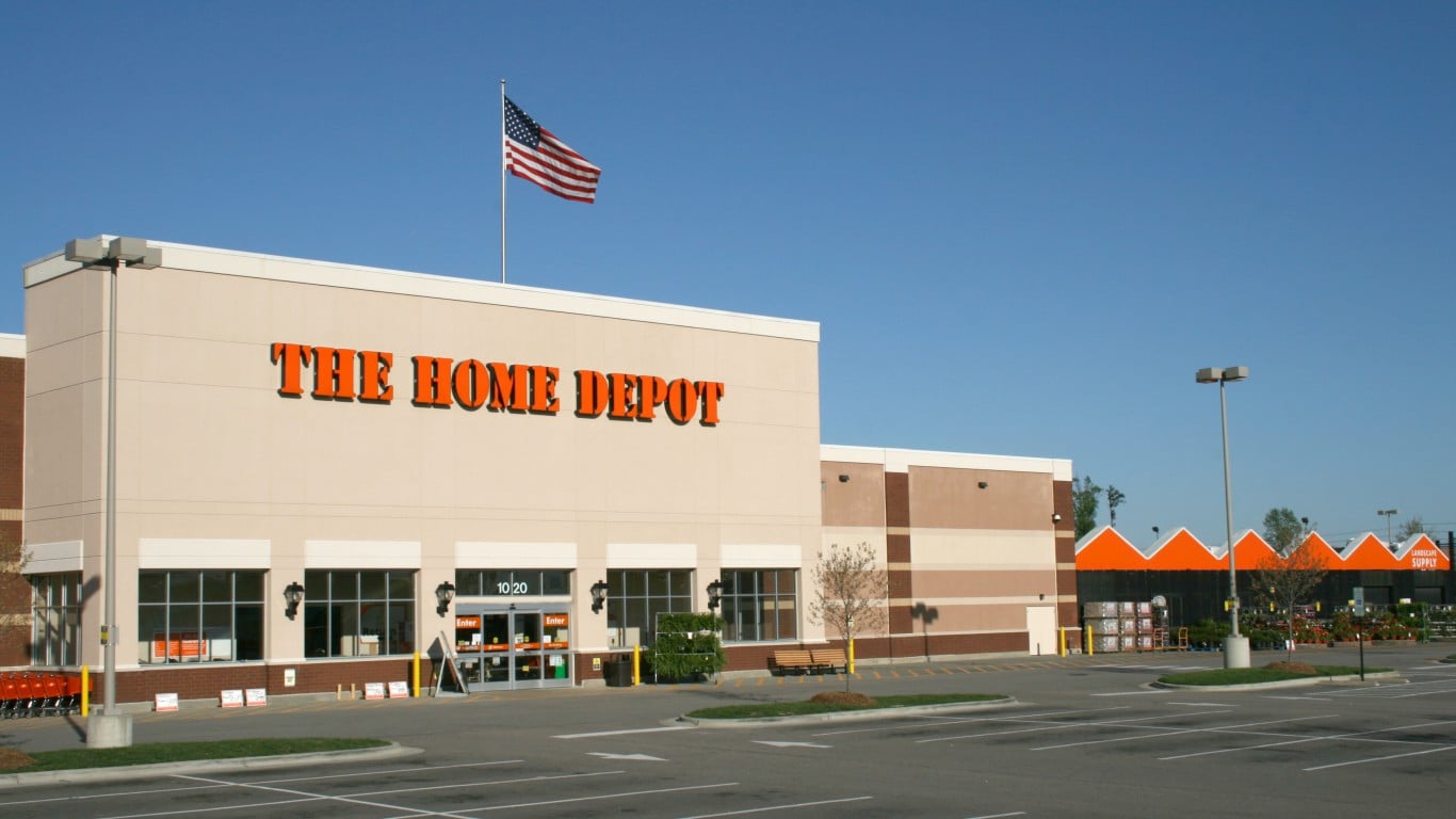 The exterior of a large beige Home Depot store with its prominent orange logo visible. An American flag flies high on a pole above the building. In the foreground is a spacious, empty asphalt parking lot, and to the right, the outdoor garden section with its distinctive orange peaked awnings can be seen under a clear blue sky.