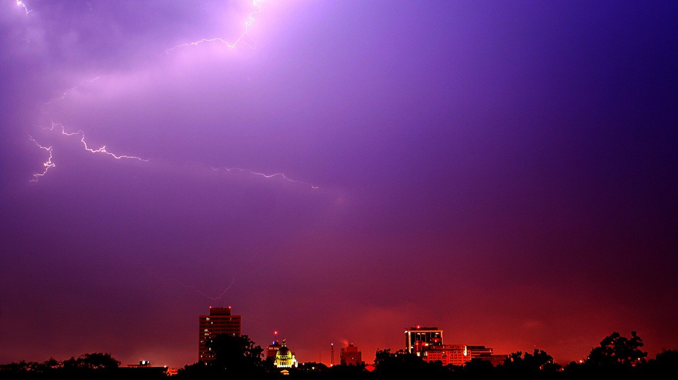 A lightning strike at dusk over downtown Jackson, MS. 