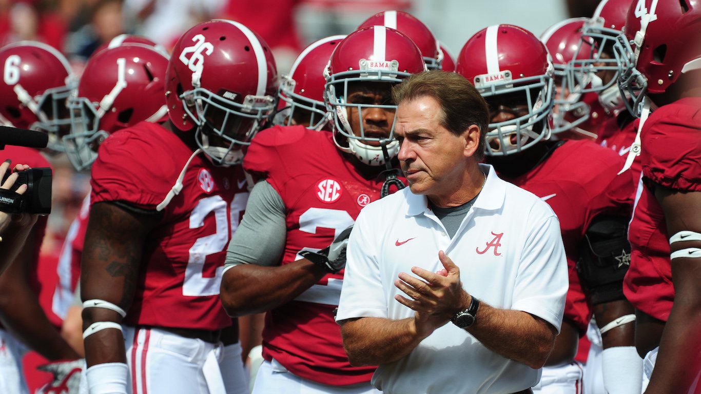 TUSCALOOSA, AL - SEPTEMBER 6: Head Coach Nick Saban of the Alabama Crimson Tide huddles with his team before the game against the Florida Atlantc Owls at Bryant-Denny Stadium on September 6, 2014 in Tuscaloosa, Alabama. (Photo by Scott Cunningham/Getty Images) *** Local Caption *** Nick Saban