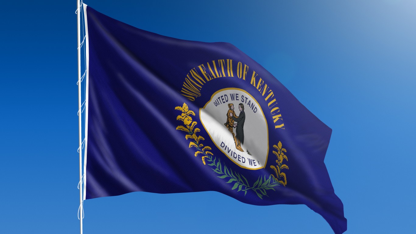 The flag of the state of Kentucky blowing in the wind in front of a clear blue sky
