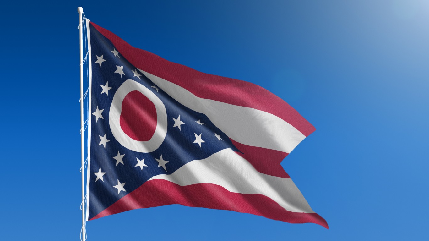 The flag of Ohio blowing in the wind in front of a clear blue sky
