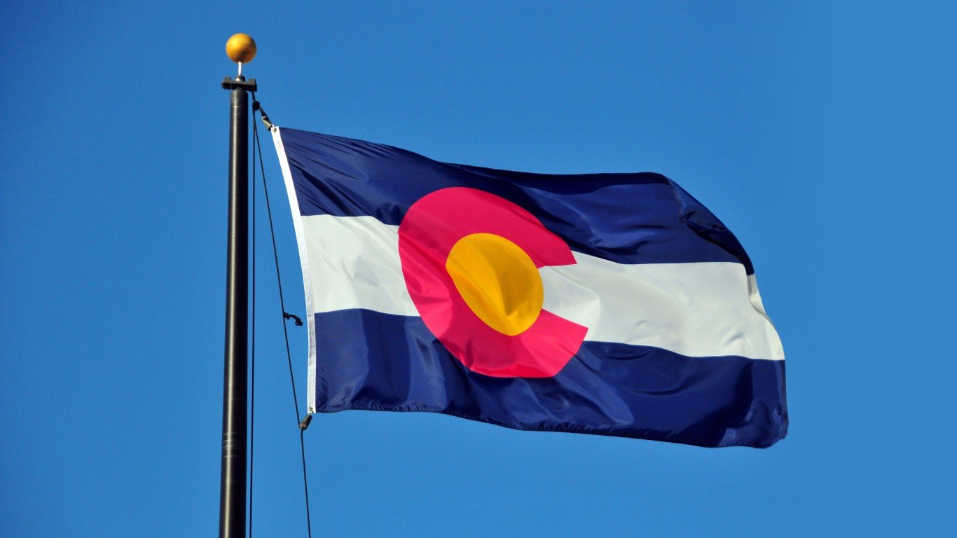Flag of Colorado waving in the wind against blue sky 