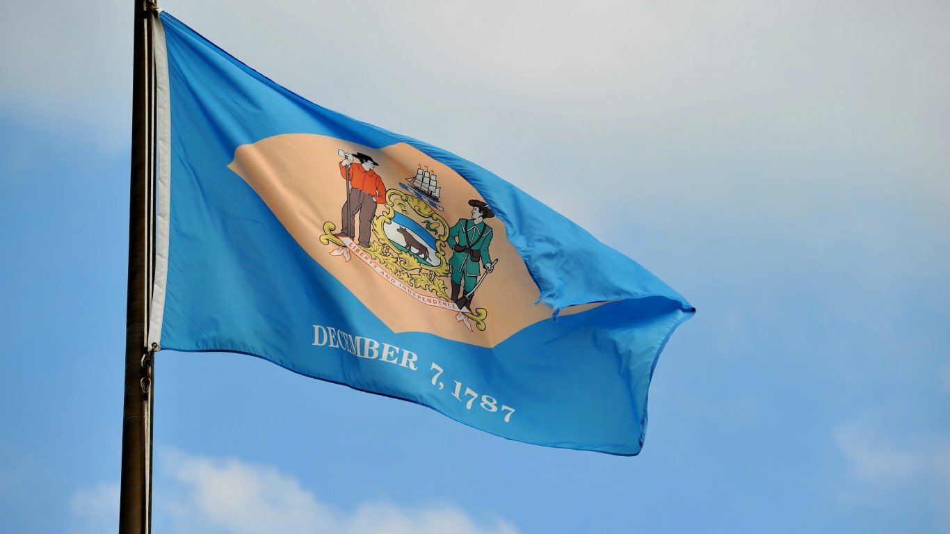 Delaware Flag flying in the wind with beautiful sky on the background.