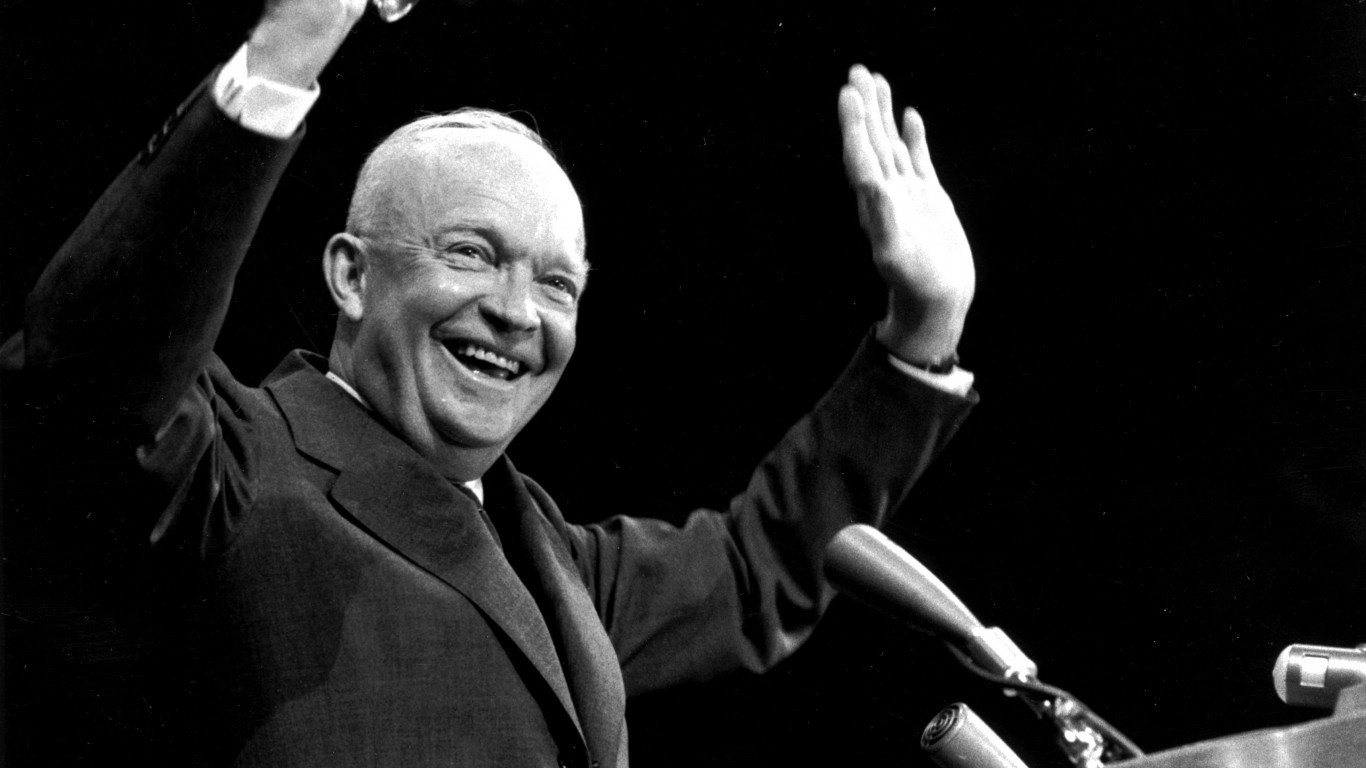 Dwight D Eisenhower, American General and 34th President of the United States, on his re-election as president.  Original Publication: Picture Post - 8718 - They Still Like Ike - pub. 1956   (Photo by Bert Hardy/Getty Images)