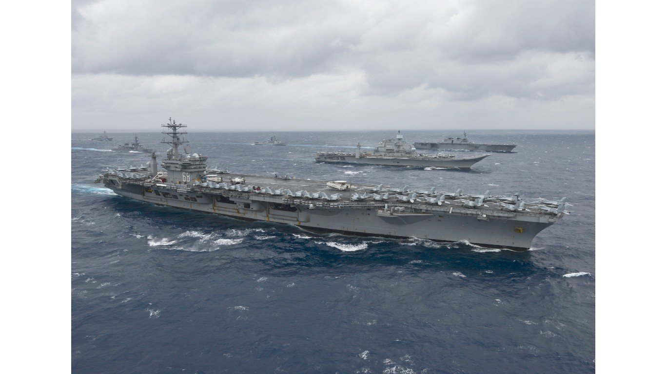 The aircraft carrier USS Nimitz (CVN 68) leads a formation of ships from the Indian Navy, JMSDF and the U.S. Navy July 17, 2017 in the Bay of Bengal as part of Exercise Malabar 2017 by U.S. Navy