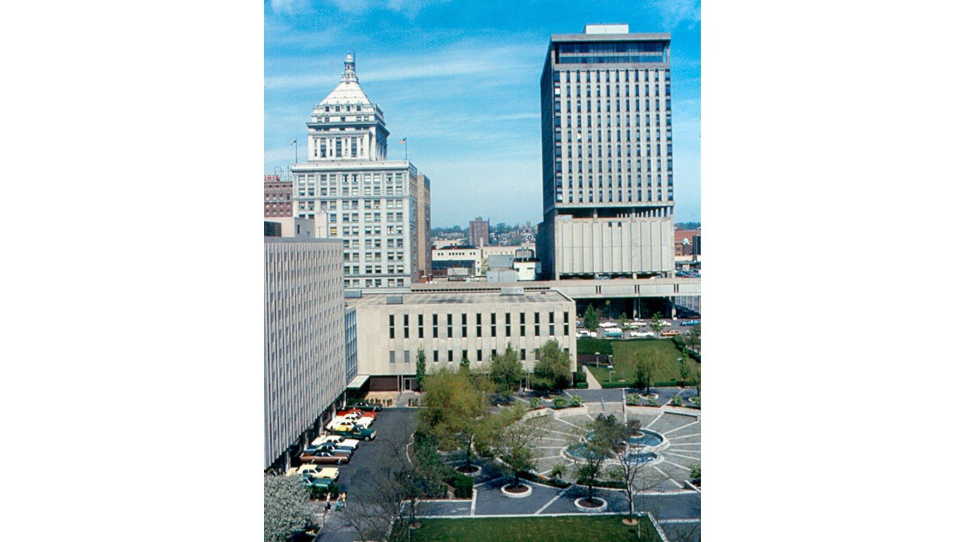 Peoria - Downtown from Caterpillar, Courthouse Square, First National Bank and Savings Tower by Roger Wollstadt