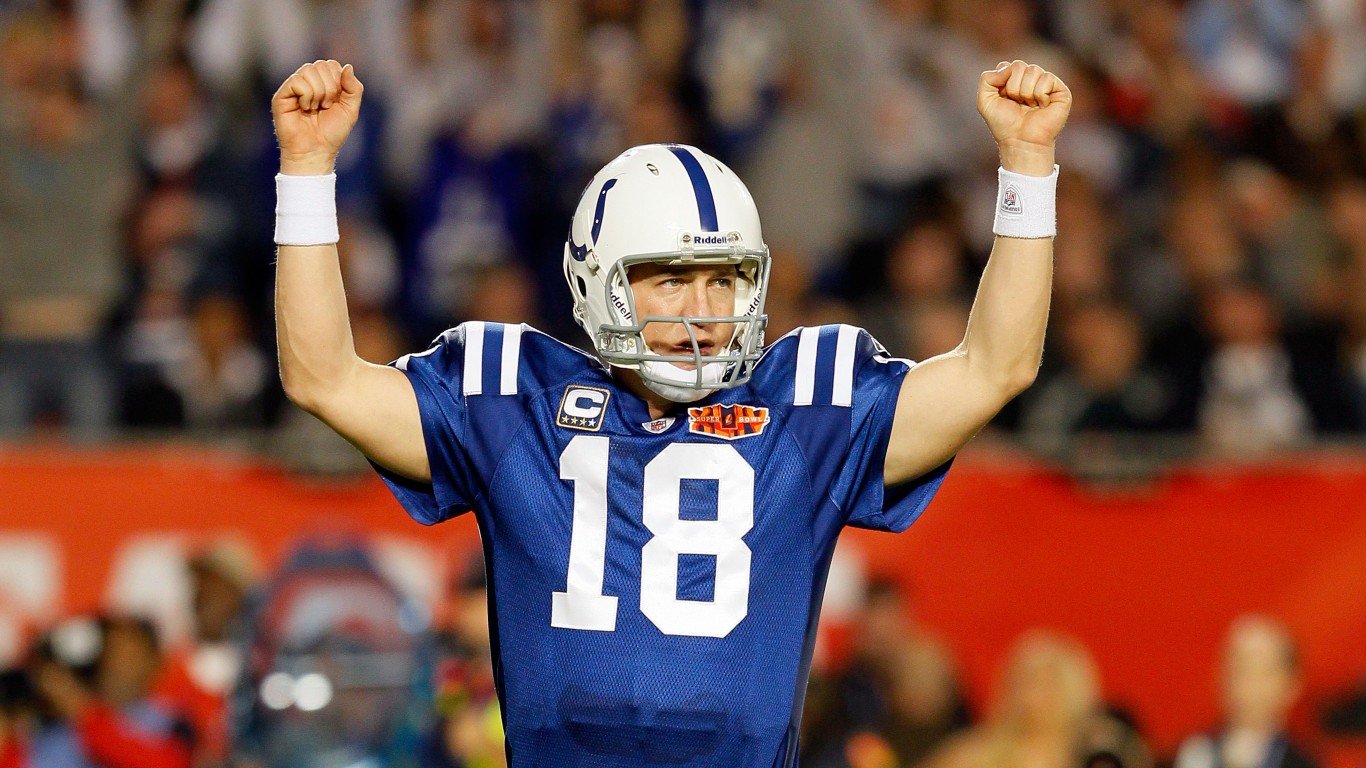 MIAMI GARDENS, FL - FEBRUARY 07:  Peyton Manning #18 of the Indianapolis Colts celebrates after a touchdown in the third quarter against the New Orleans Saints during Super Bowl XLIV on February 7, 2010 at Sun Life Stadium in Miami Gardens, Florida.  (Photo by Andy Lyons/Getty Images)