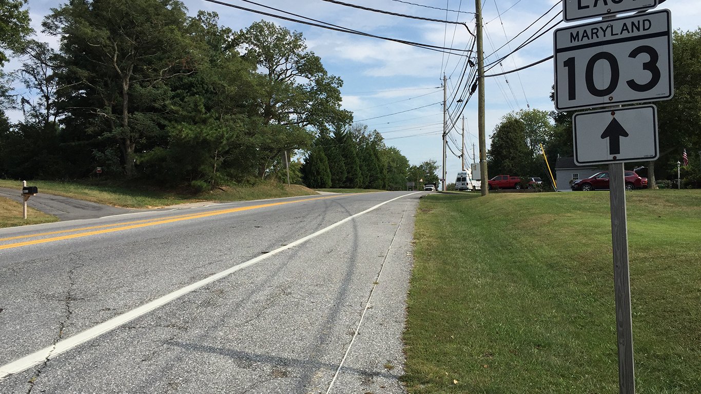 View east along Maryland State Route 103 (Montgomery Road) at Maryland State Route 104 (Waterloo Road) in Ilchester, Howard County, Maryland by Famartin