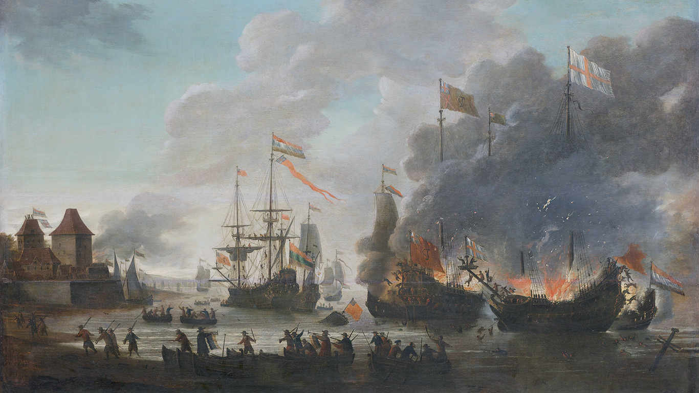 The Dutch burn English ships during the expedition to Chatham (Raid on Medway, 1667)(Jan van Leyden, 1669) by Jan Arkesteijn 
