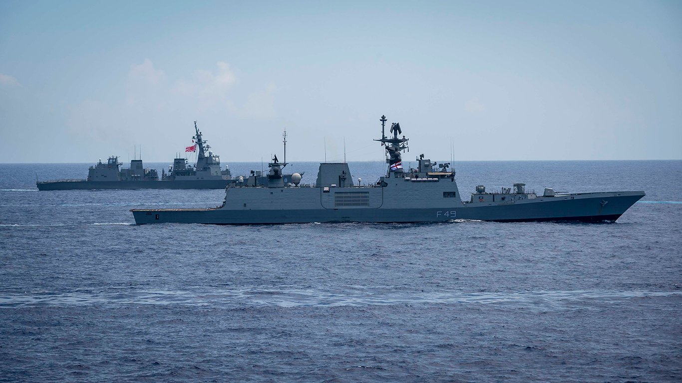 180615-N-ZL062-0077 The Shivalik-class stealth multi-role frigate INS Kamorta (F49) and the azuki-class JS Fuyuzuki (DD 118) sails in formation during exercise Malabar 2018. Malabar 2018 is the 22nd by Naval Gazer