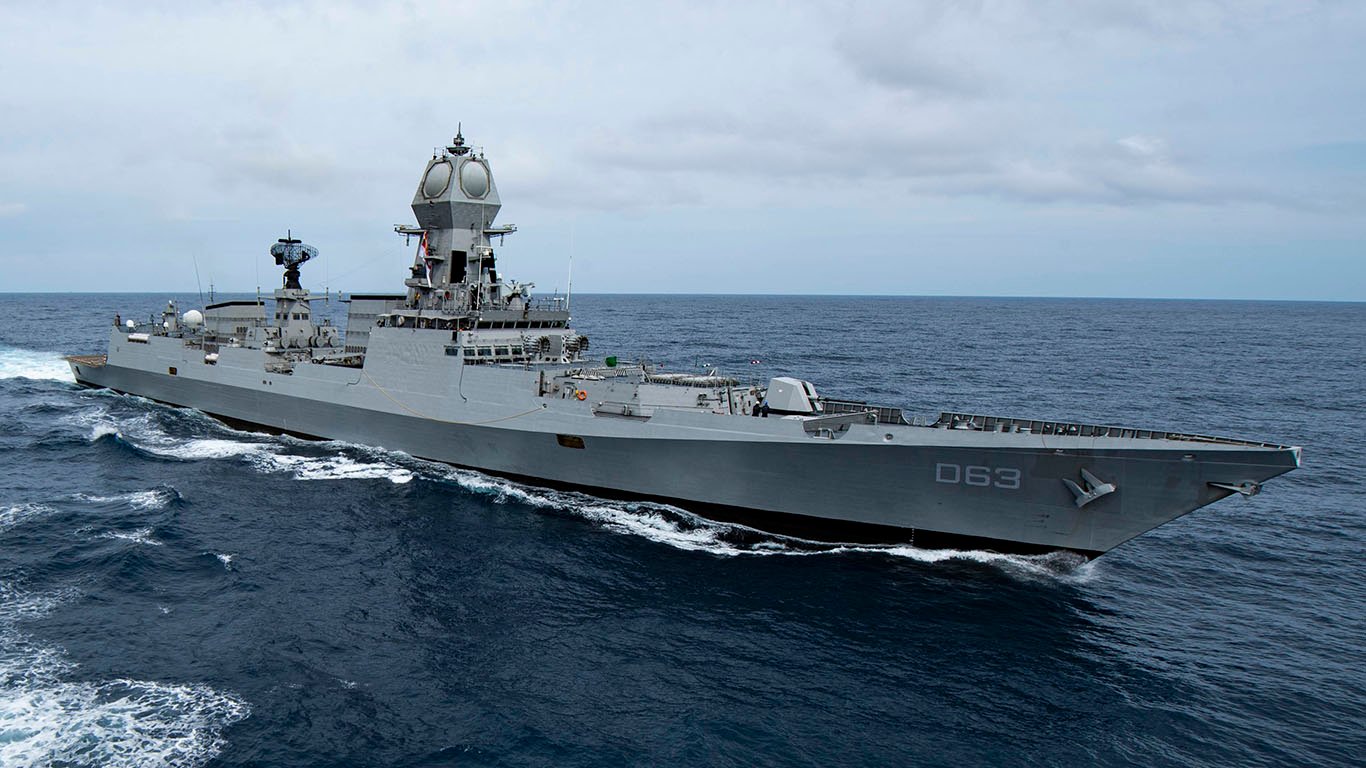 INS Kolkata steams alongside the guided-missile destroyer USS Sterett (DDG 104) during Malabar 2020 (cropped) by Airpowerobserver