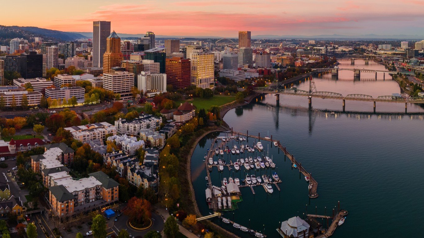 A beautiful fall sunset in Downtown Portland in the Pacific Northwest