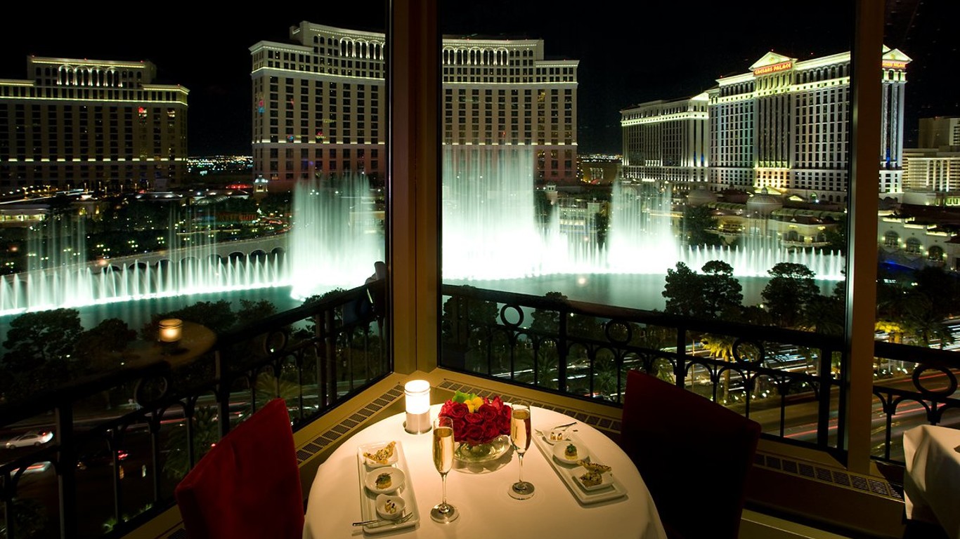 A nighttime view from a restaurant balcony in Las Vegas shows a table set for two with a white tablecloth, champagne glasses, a bouquet of red roses, and appetizers. In the background, the brilliantly illuminated Bellagio fountains dance in a large pool surrounded by brightly lit hotel buildings under a dark sky, with city lights visible in the distance.