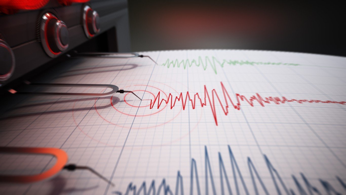 | Seismograph printing seismic activity records of a severe earthquake