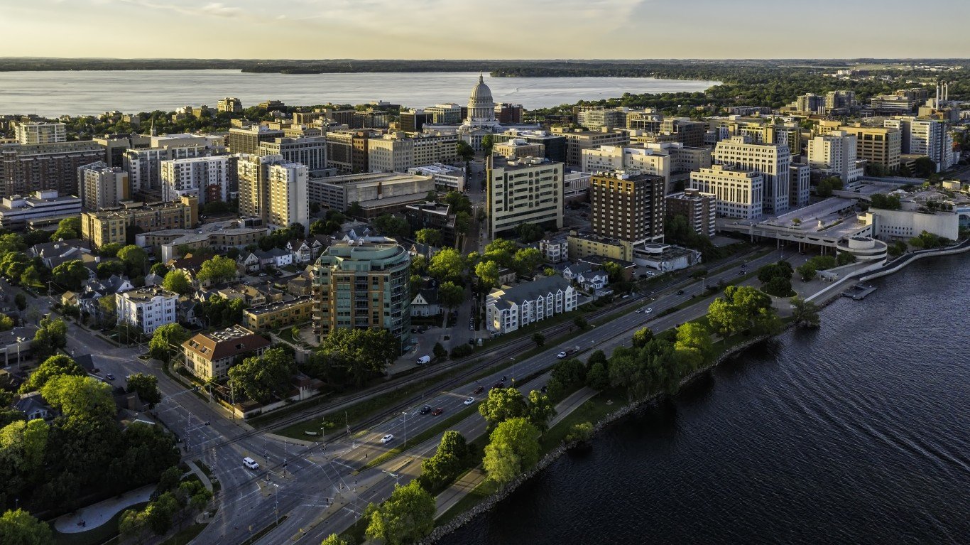 Wisconsin | Aerial view of Madison city downtown at sunset, Wisconsin