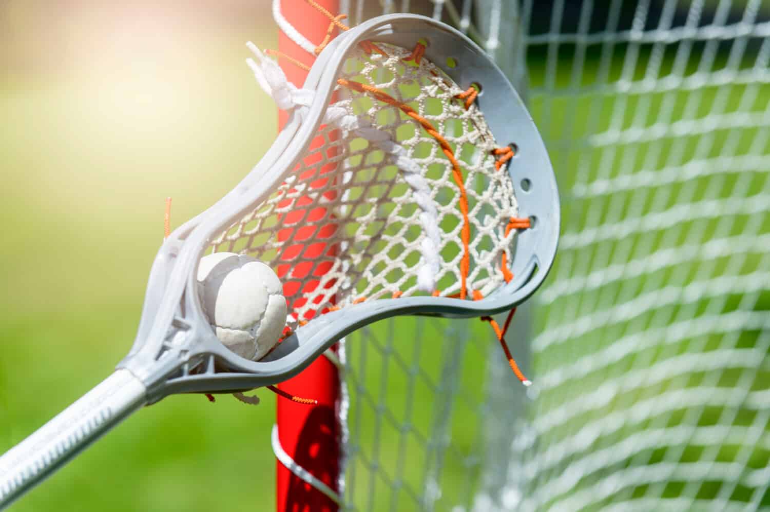 Abstract view of a lacrosse stick scooping up a ball. Sunny day