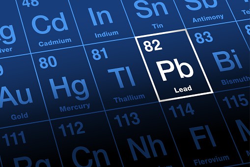 Lead, element with symbol Pb, on the periodic table