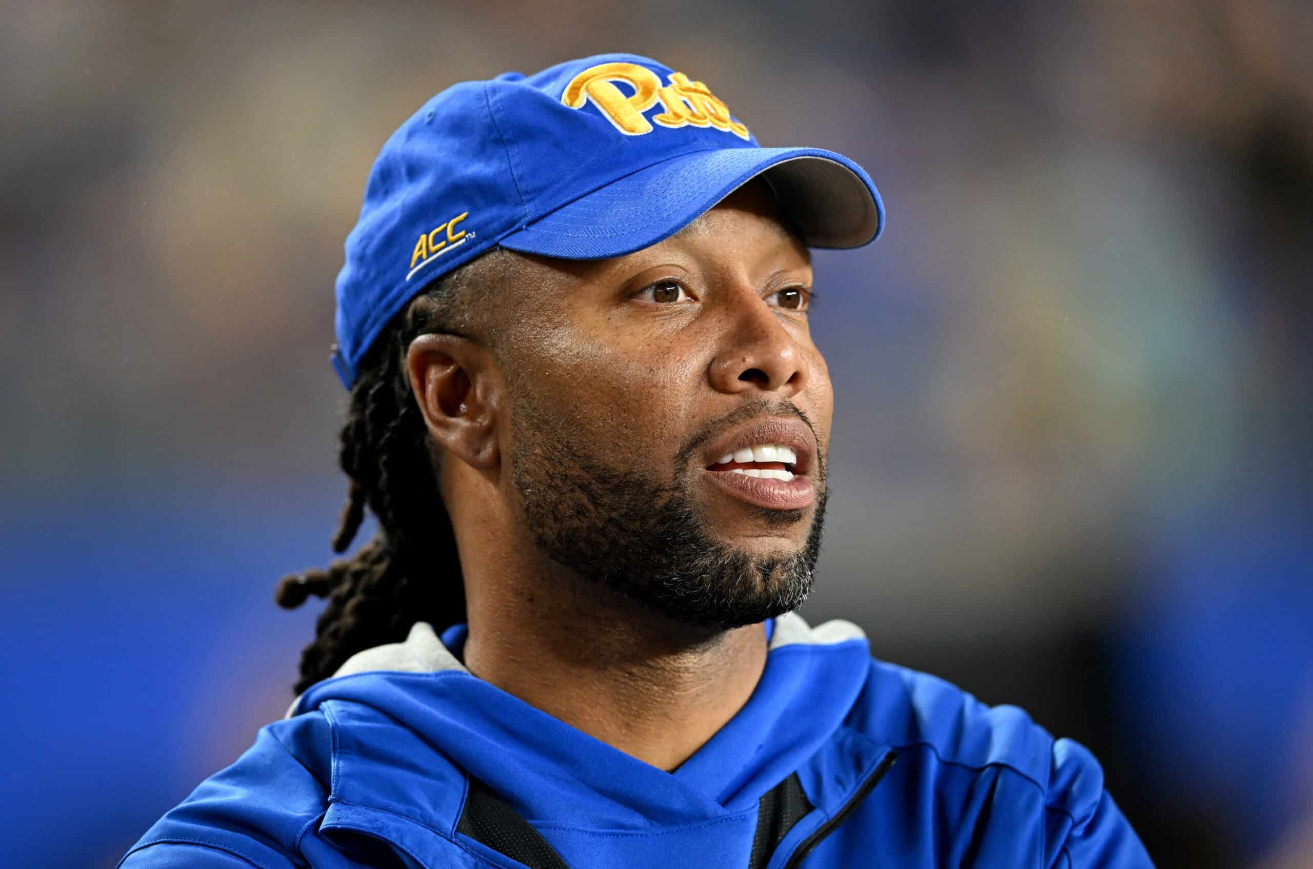 PITTSBURGH, PENNSYLVANIA - SEPTEMBER 23: Former Pittsburgh Panther Larry Fitzgerald Jr. watches the game in the first quarter against the North Carolina Tar Heels at Acrisure Stadium on September 23, 2023 in Pittsburgh, Pennsylvania. (Photo by Greg Fiume/Getty Images)