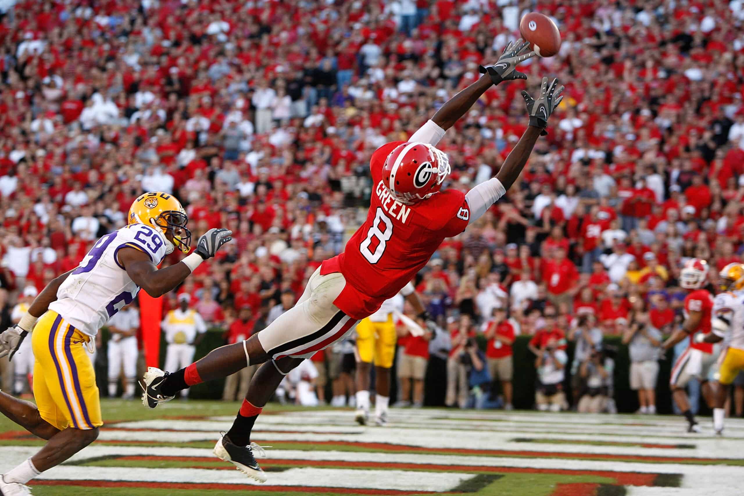 ATHENS, GA - OCTOBER 03: A.J. Green #8 of the Georgia Bulldogs fails to pull in a two-point conversion against Chris Hawkins #29 of the Louisiana State University Tigers at Sanford Stadium on October 3, 2009 in Athens, Georgia. (Photo by Kevin C. Cox/Getty Images)