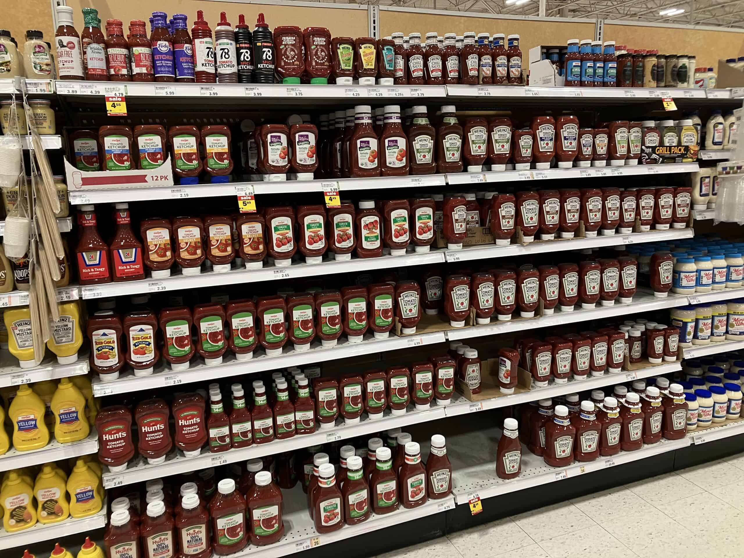 Ketchup shelves at a grocery store