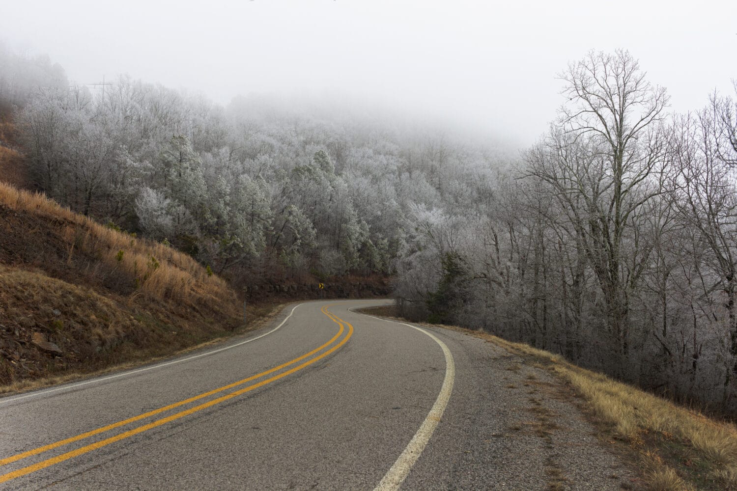 A frozen winter landscape of the Arkansas Ozark Mountains, shot on January 12, 2020
