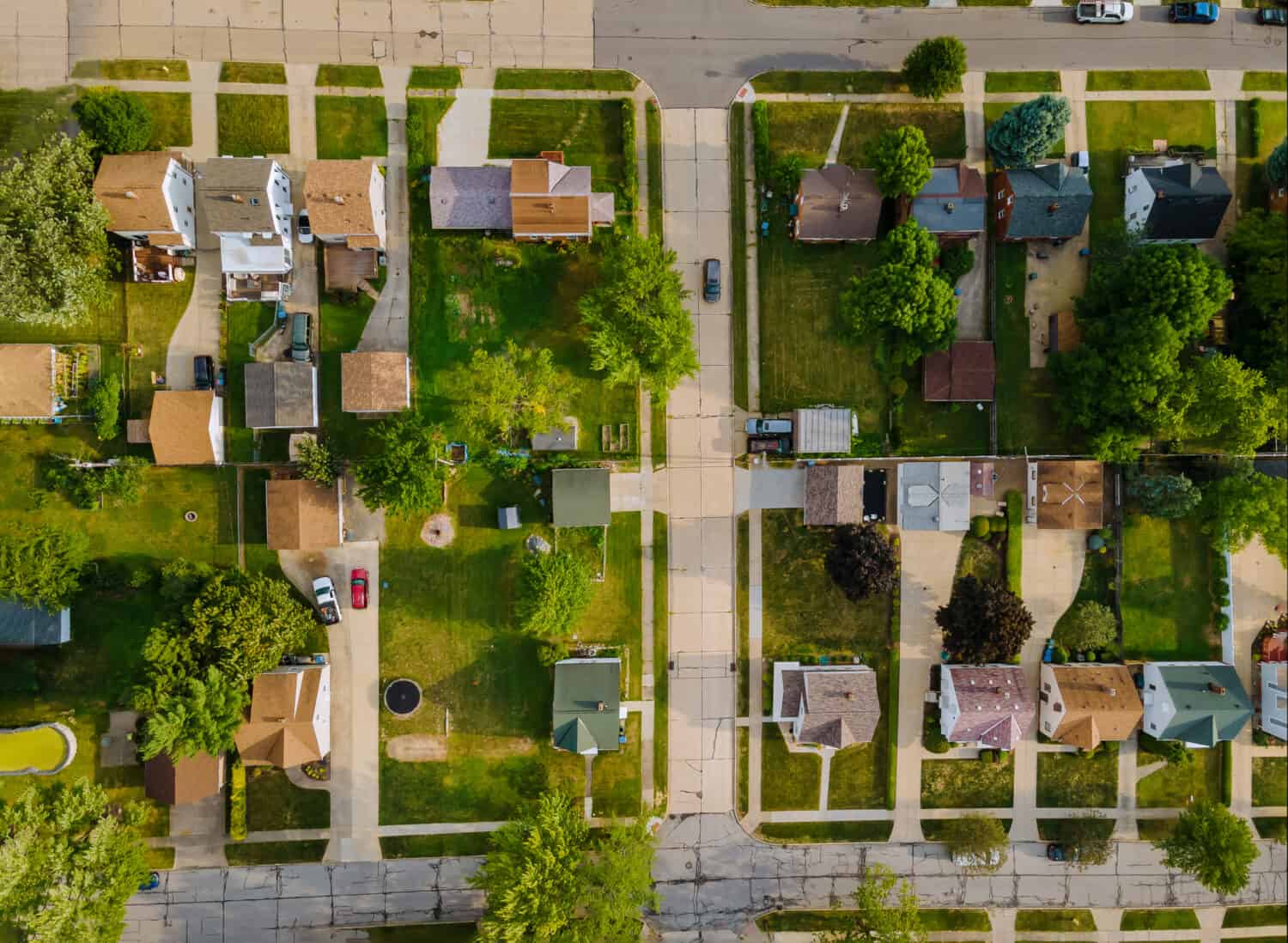 Top view of the sleeping area in street in the a small town of from above aerial view Cleveland Ohio US