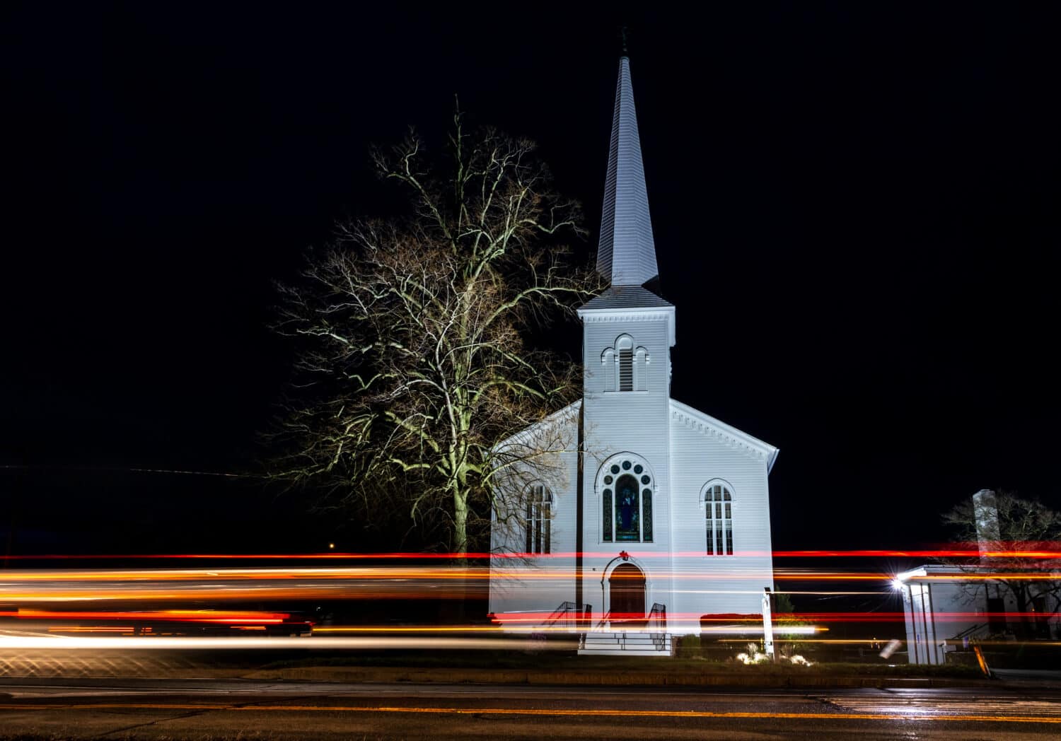 Night view of Barrington Congregational church in Barrington, Rhode Island.