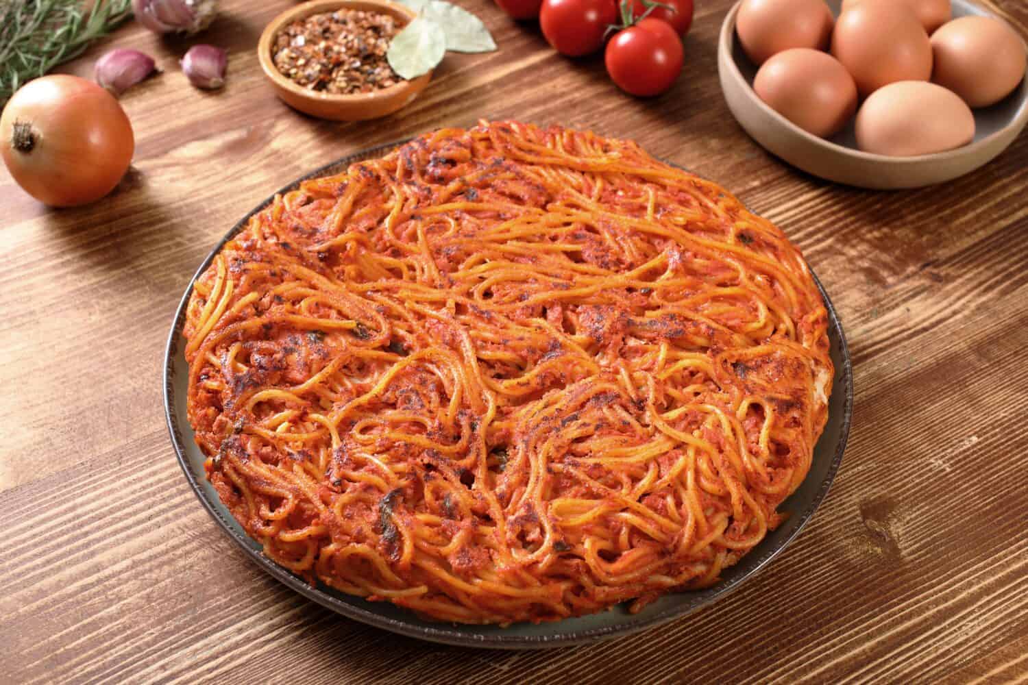 Italian pasta spaghetti omelet with tomato sauce