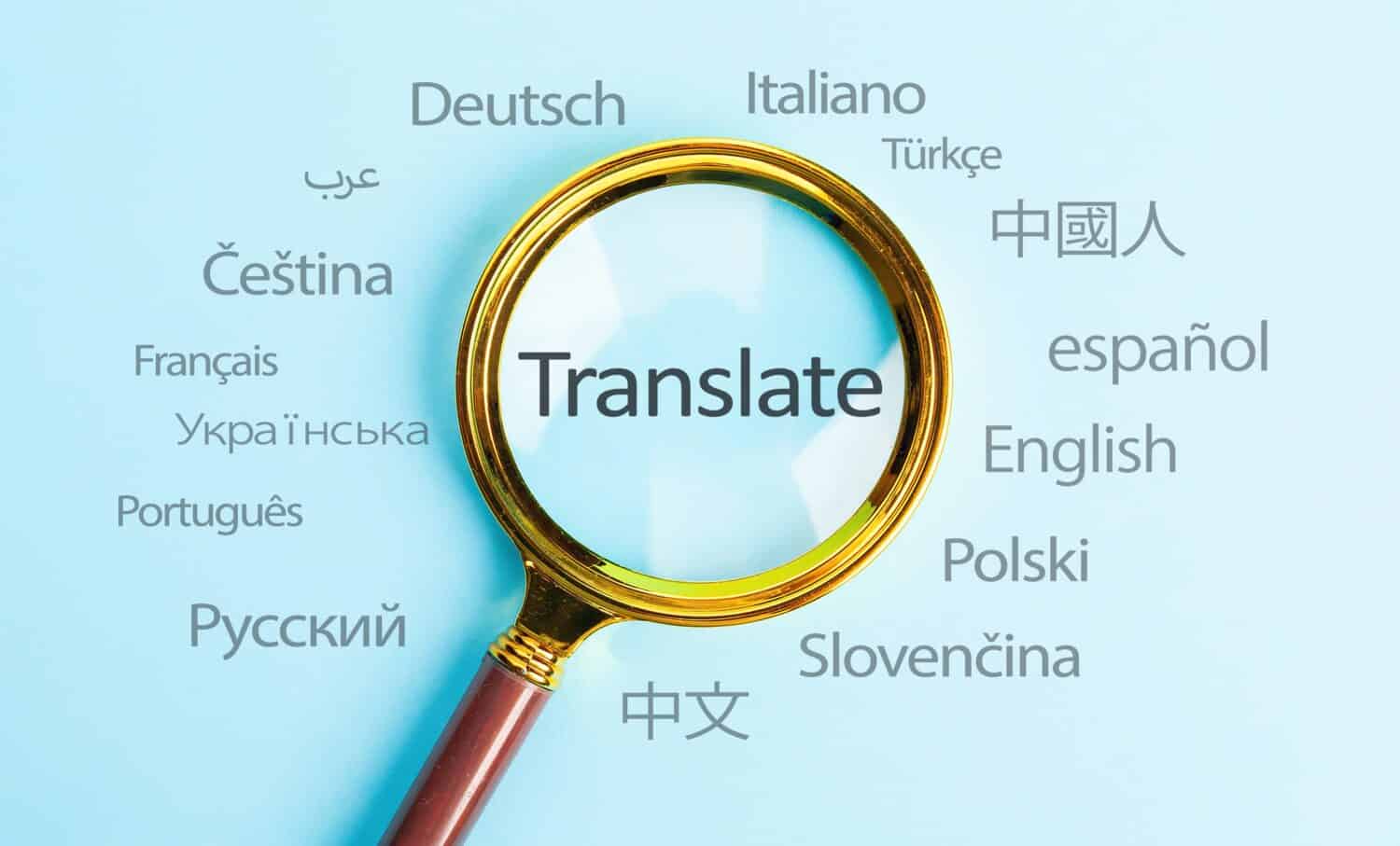 Translate text, International language translation search concept with magnifying glass. Concept of online translation from foreign language