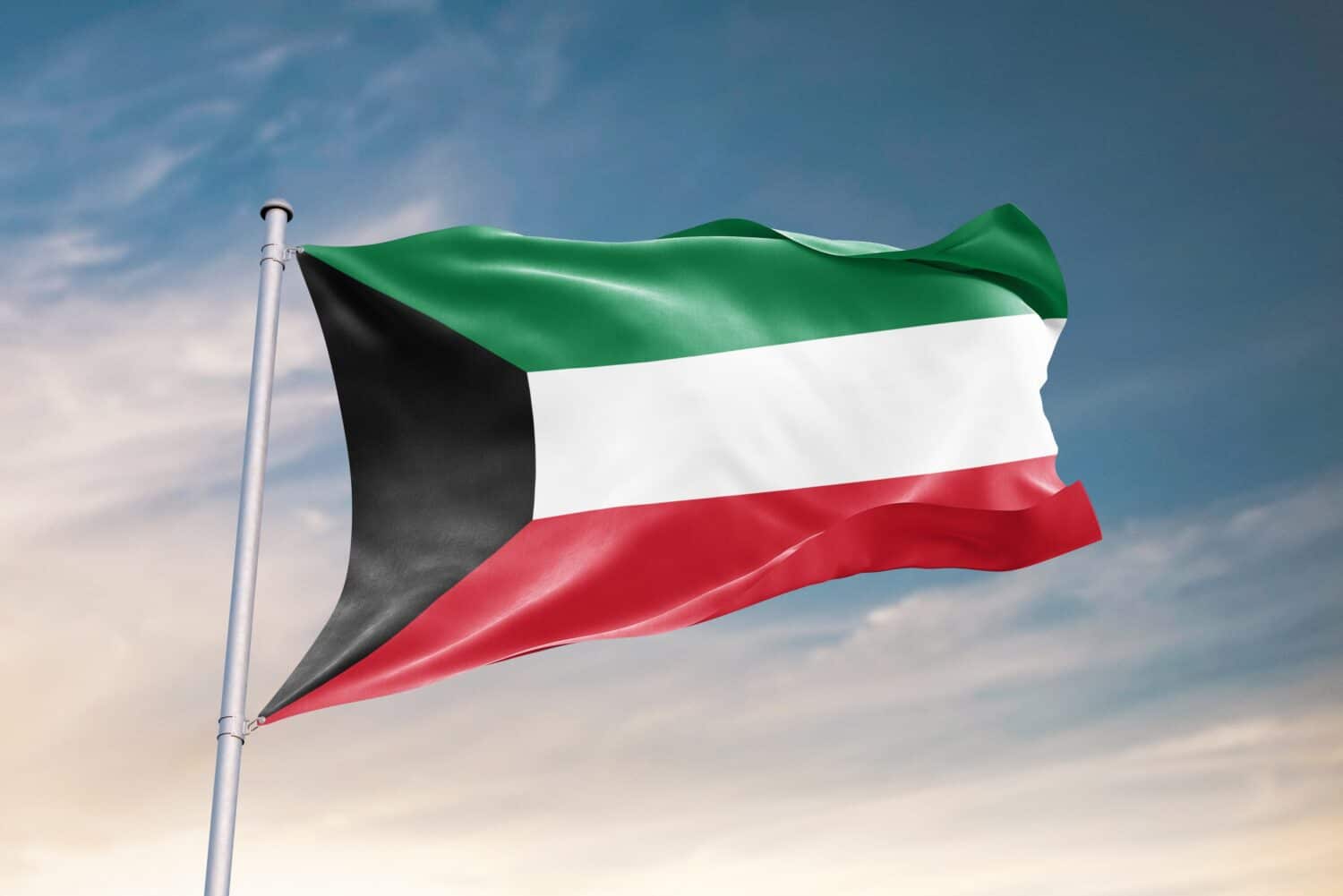 Waving flag of Kuwait in beautiful sky. Kuwait flag for independence day. The symbol of the state on wavy fabric.