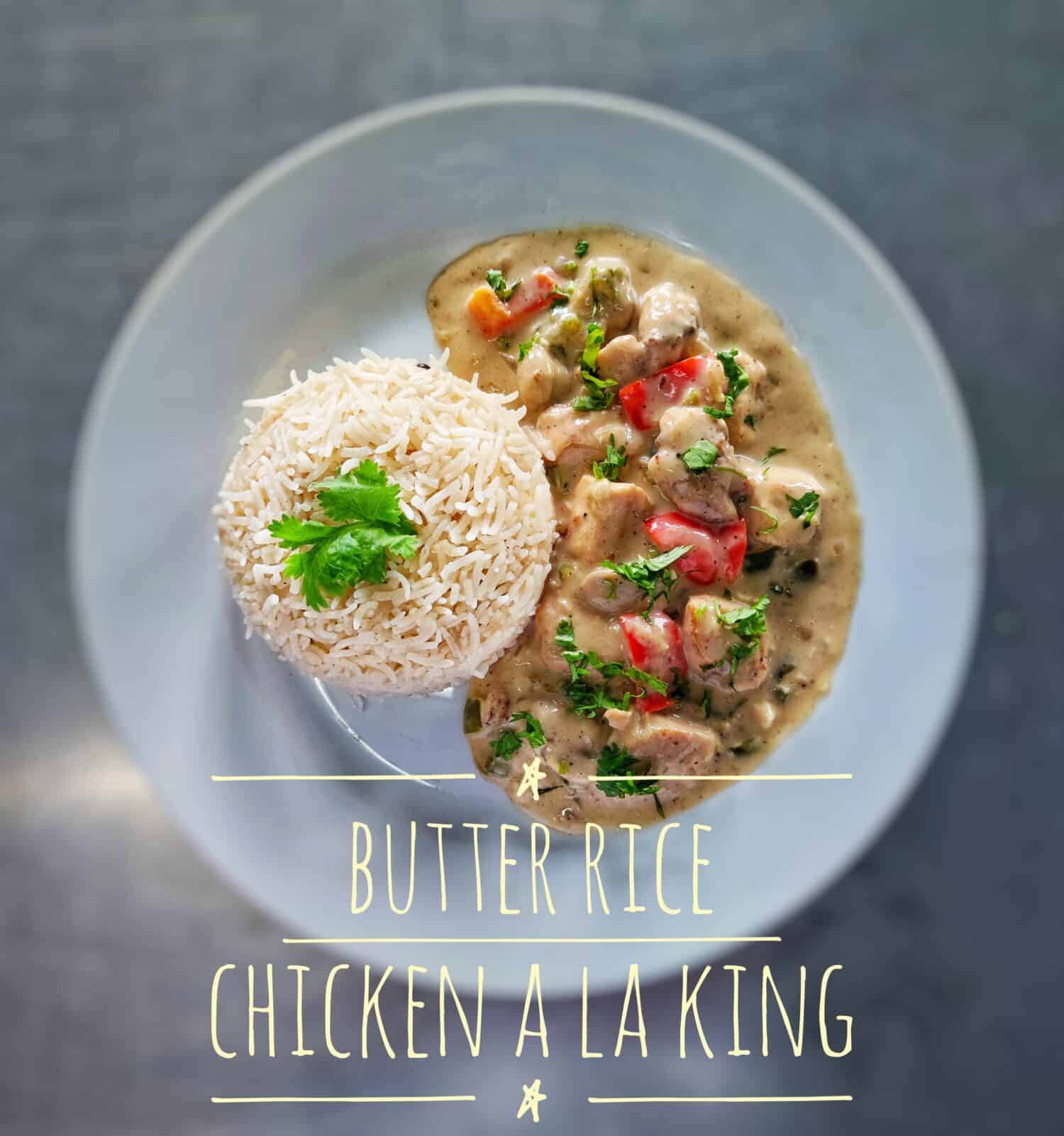 Chicken à la King ('chicken in the style of King') is a dish consisting of diced chicken in a cream sauce, often with sherry, mushrooms, and vegetables, generally served over rice, noodles, or bread.