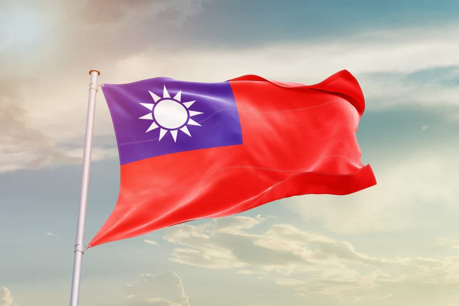 Taiwan national flag waving in beautiful sky.