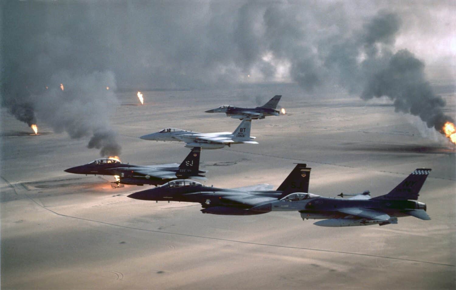 U.S. Air Force fighters patrol no-fly zone over Iraq. After First Gulf War in 1991 U.S. and Allied forces began Operation Southern Watch on Aug. 26 1992 to ensure Iraq's compliance with cease fire.