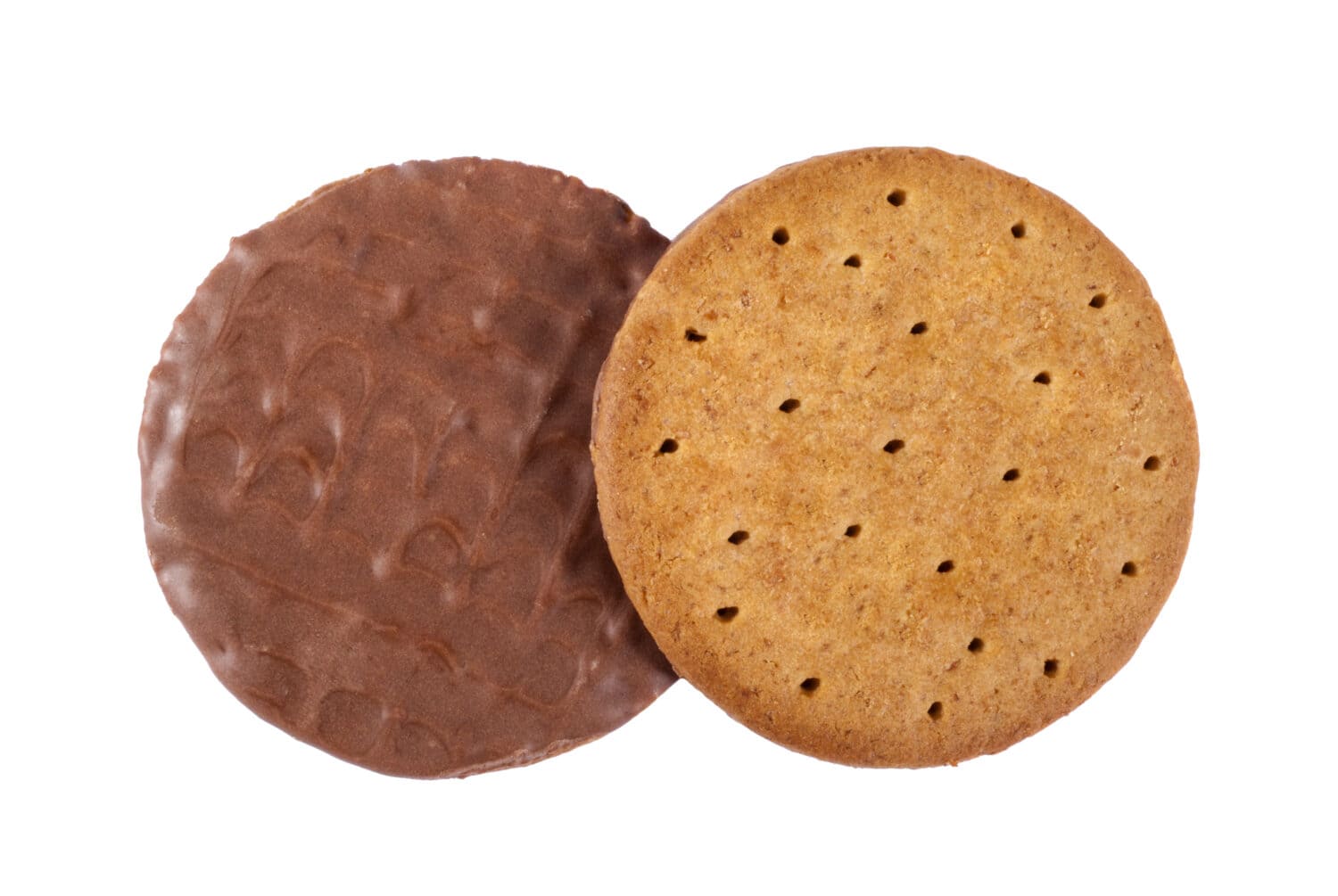 The top and bottom of a Chocolate Digestive biscuit.